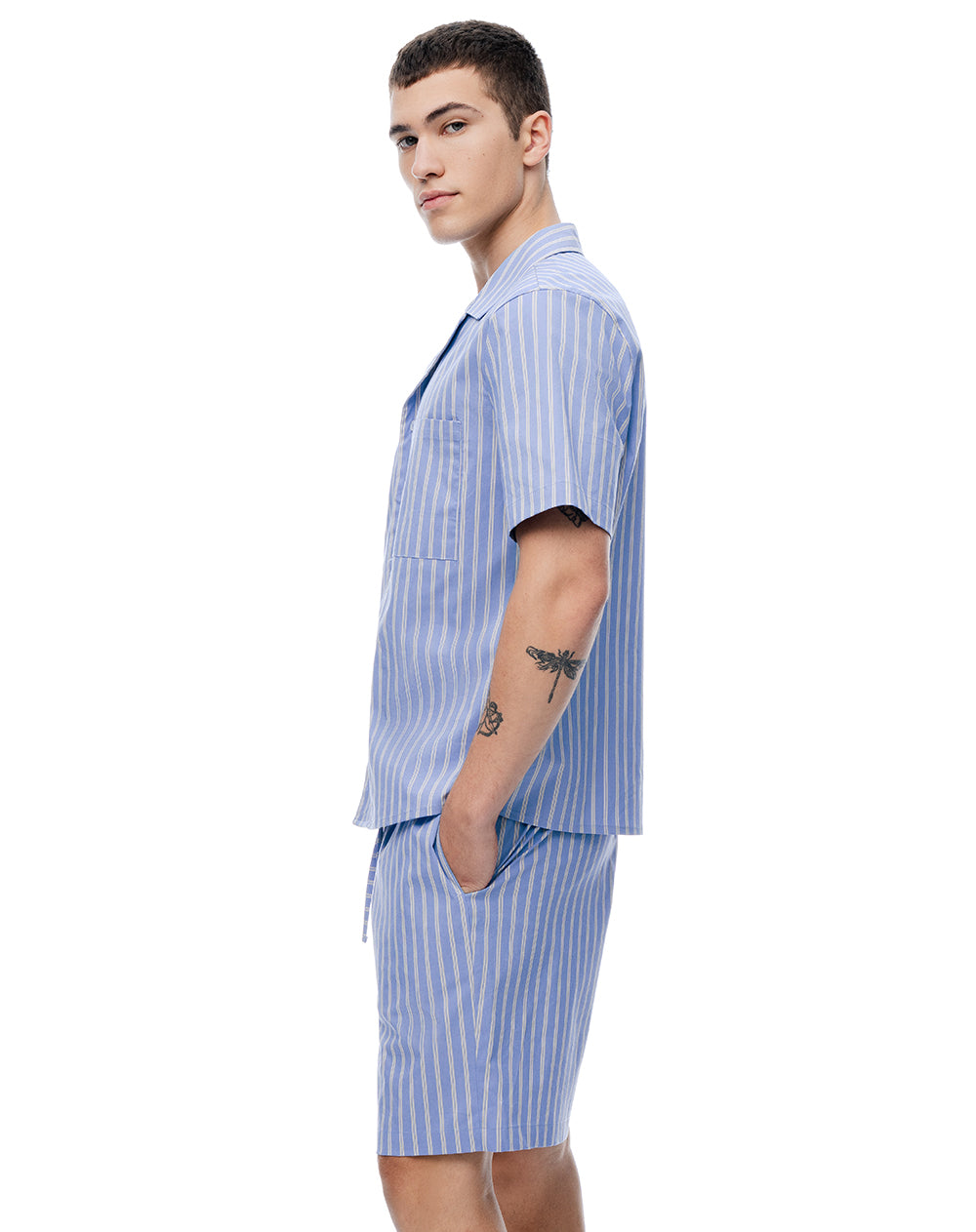 Camisa + bermuda de pijama algodón azul con rayas hombre