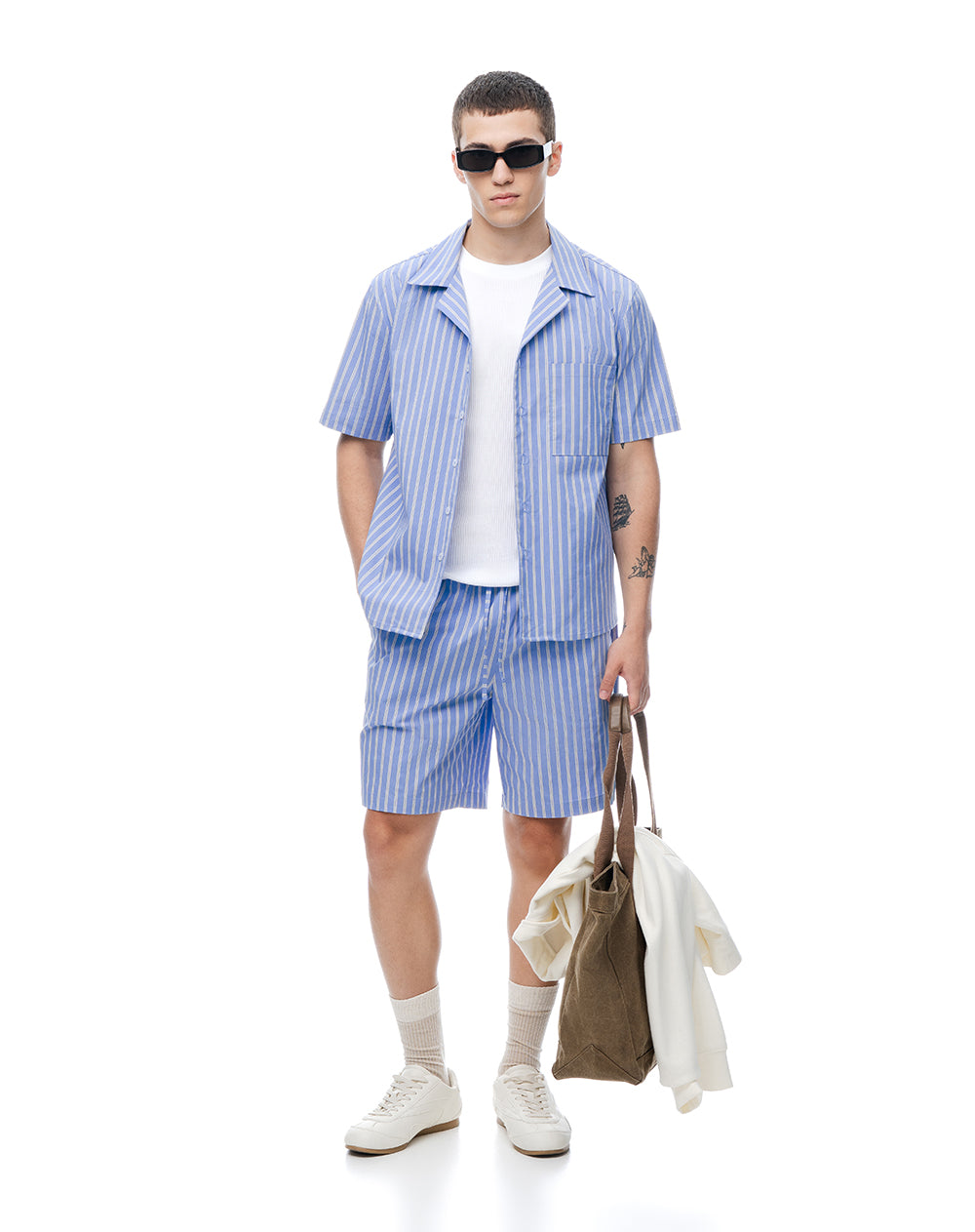 Camisa + bermuda de pijama algodón azul con rayas hombre