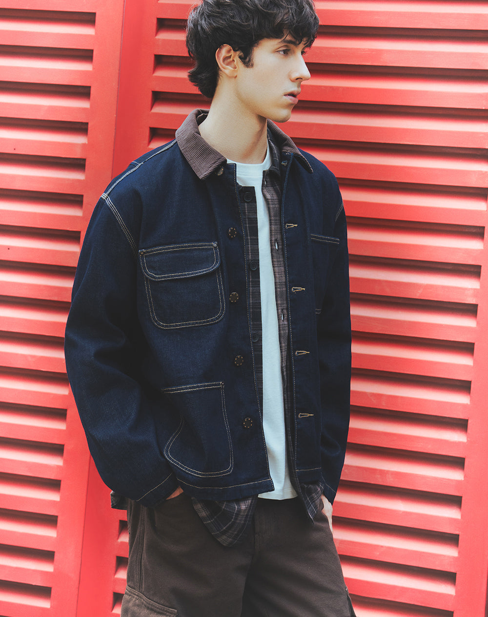 Chaqueta denim utilitaria índigo oscuro hombre