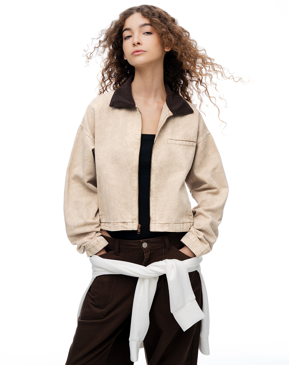 Chaqueta regular denim habano mujer