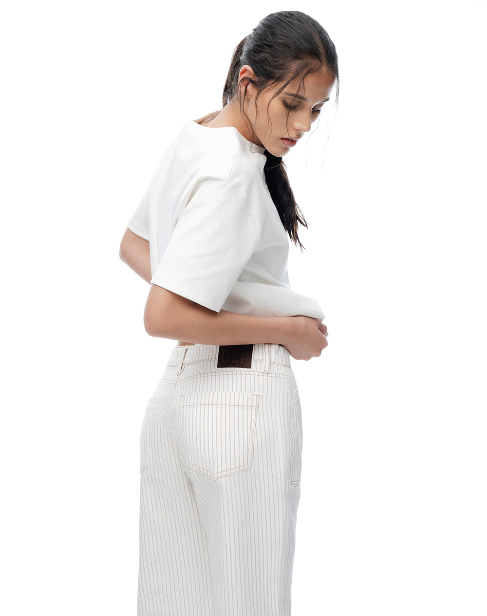 Jean flare tiro medio crudo rayas mujer