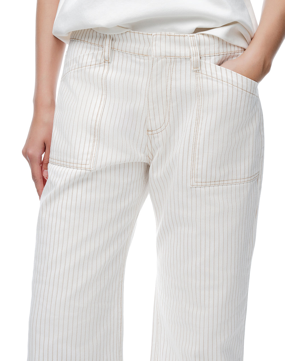 Jean flare tiro medio crudo rayas mujer
