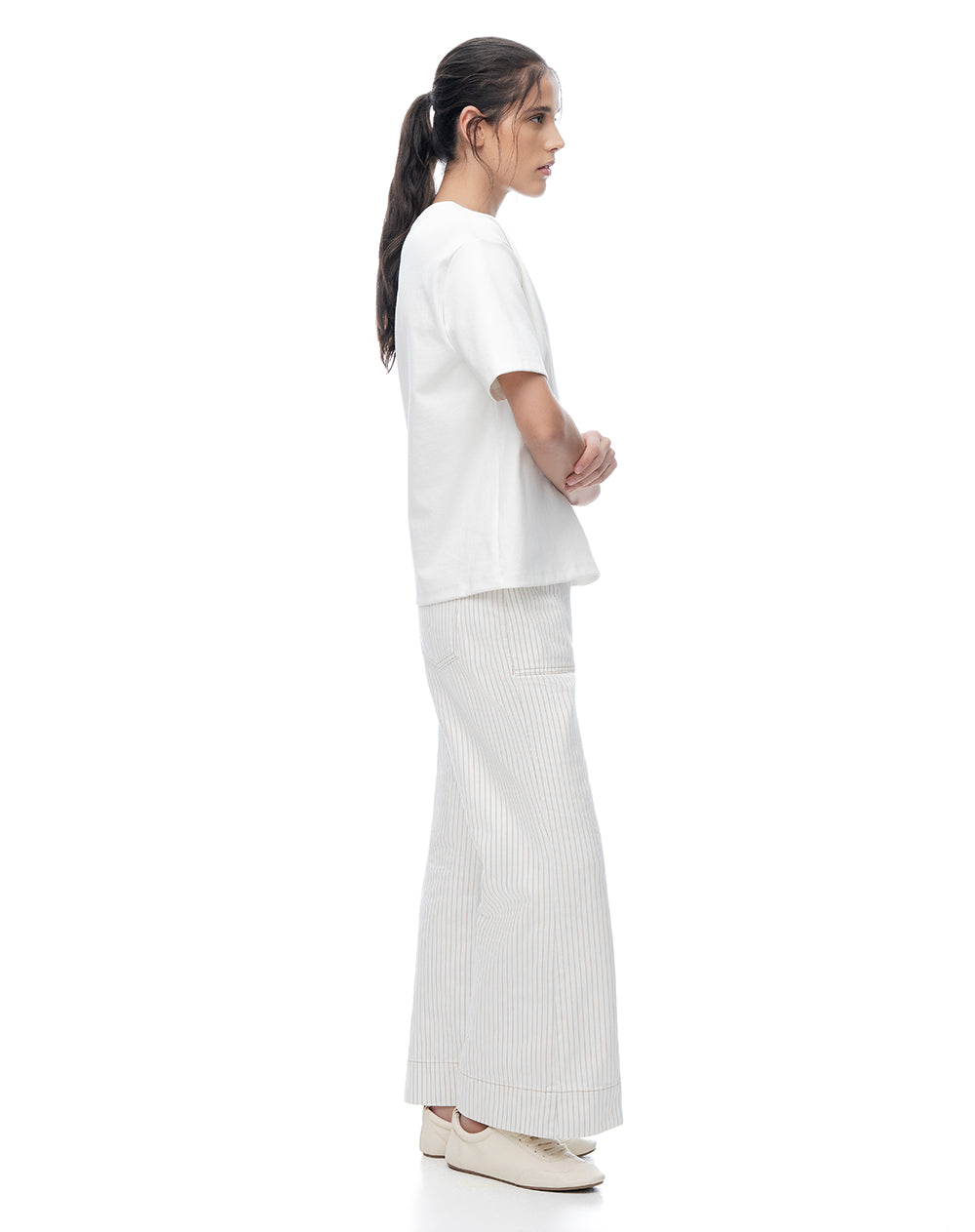 Jean flare tiro medio crudo rayas mujer