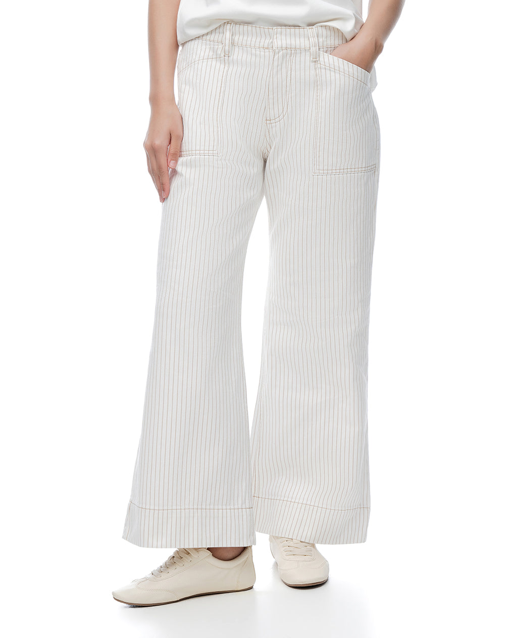 Jean flare tiro medio crudo rayas mujer