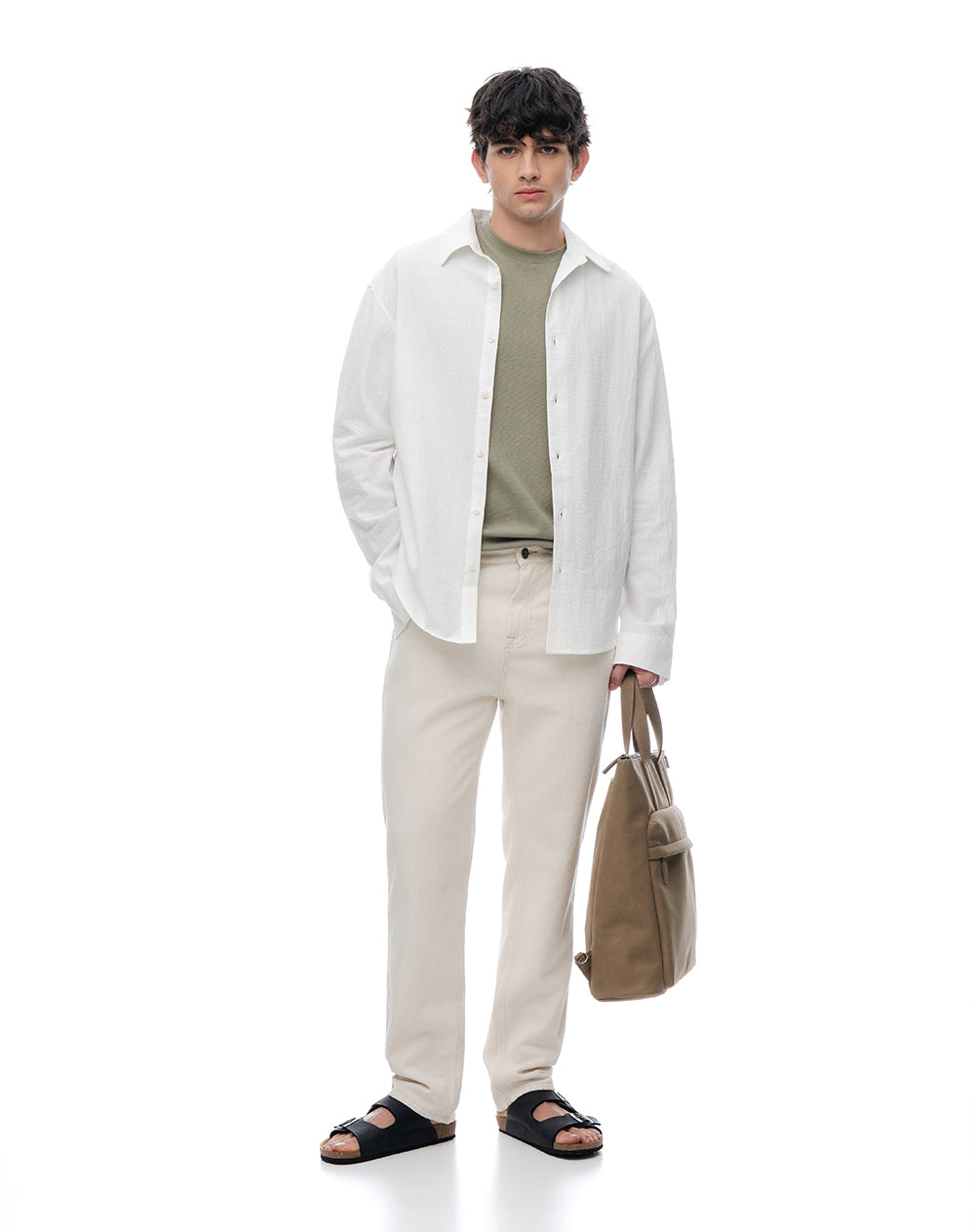 Camisa manga larga loose algodón blanca hombre