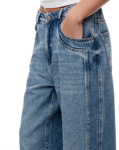 Jean wide leg tiro alto dobladillo 100% algodón índigo medio mujer