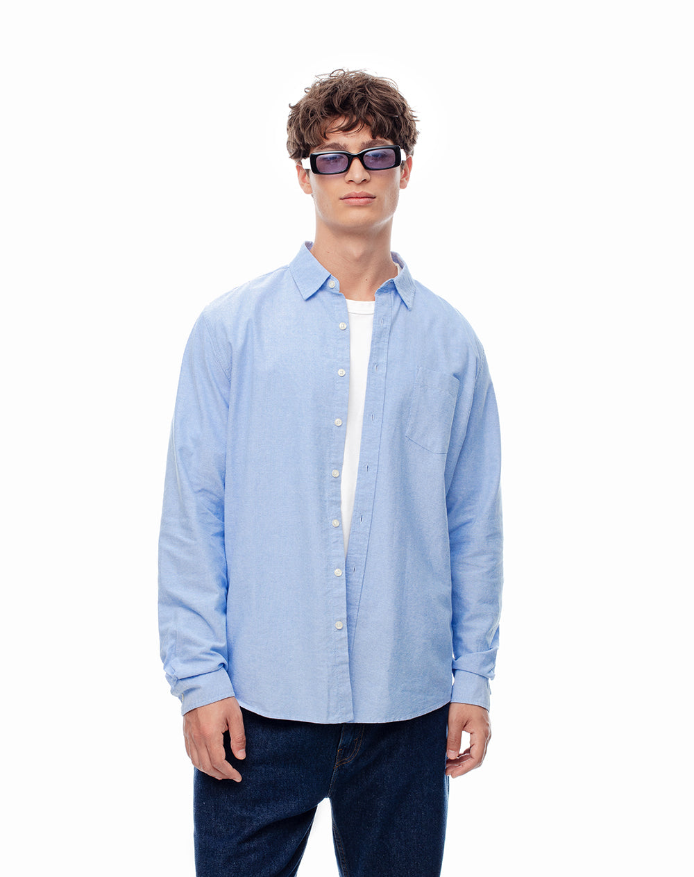 Camisa manga larga slim algodón azul hombre