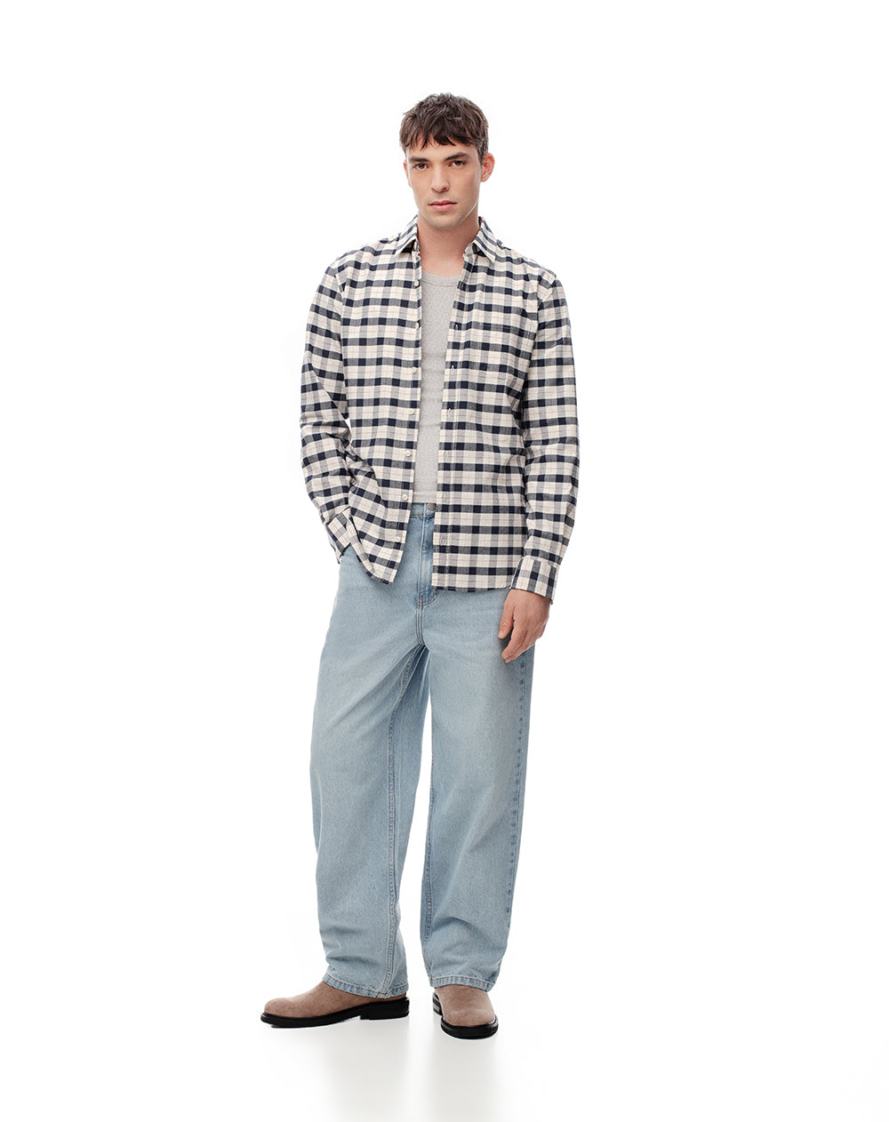 Camisa slim fit manga larga azul con cuadros