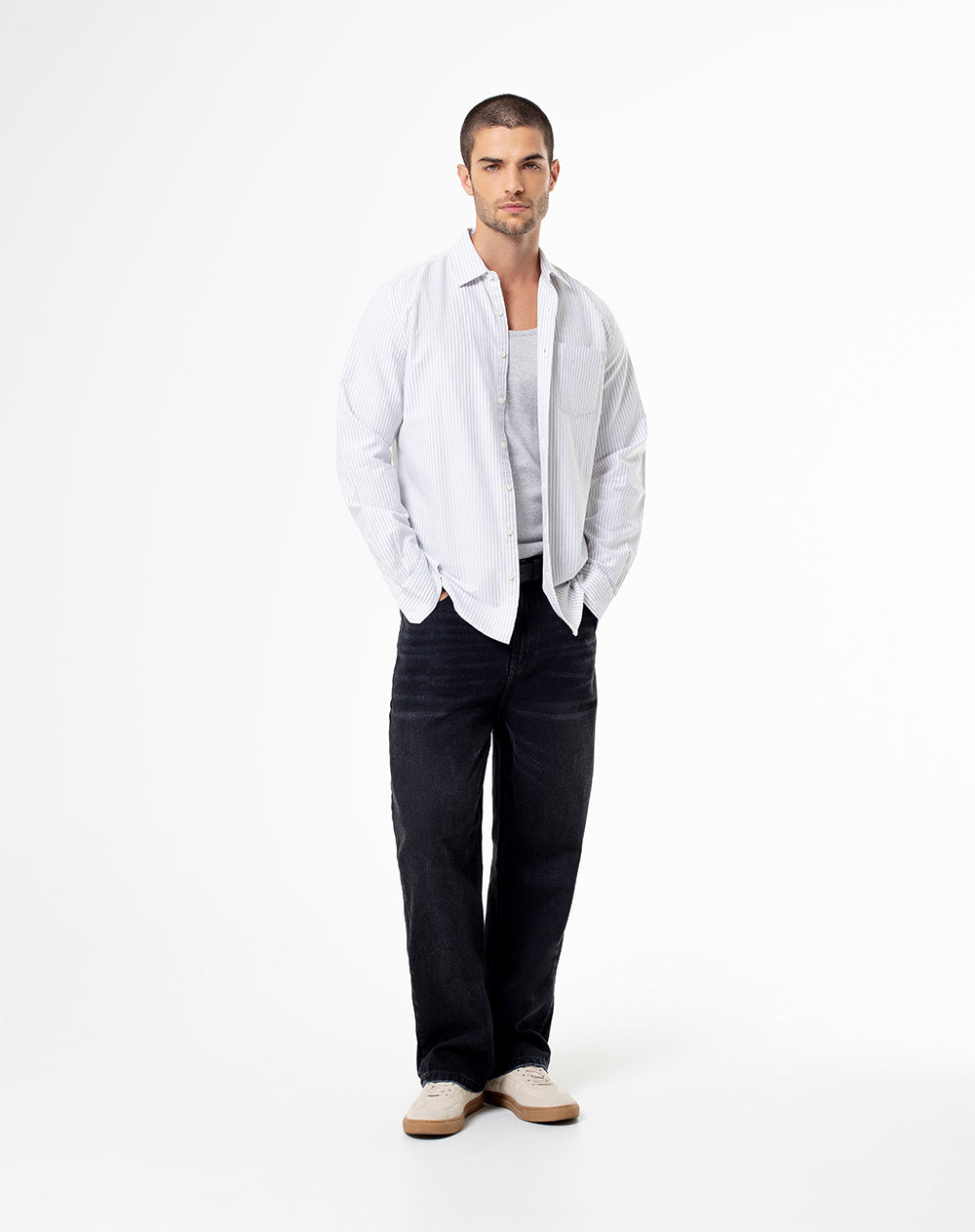 Camisa Modri Modri slim fit manga larga gris rayas