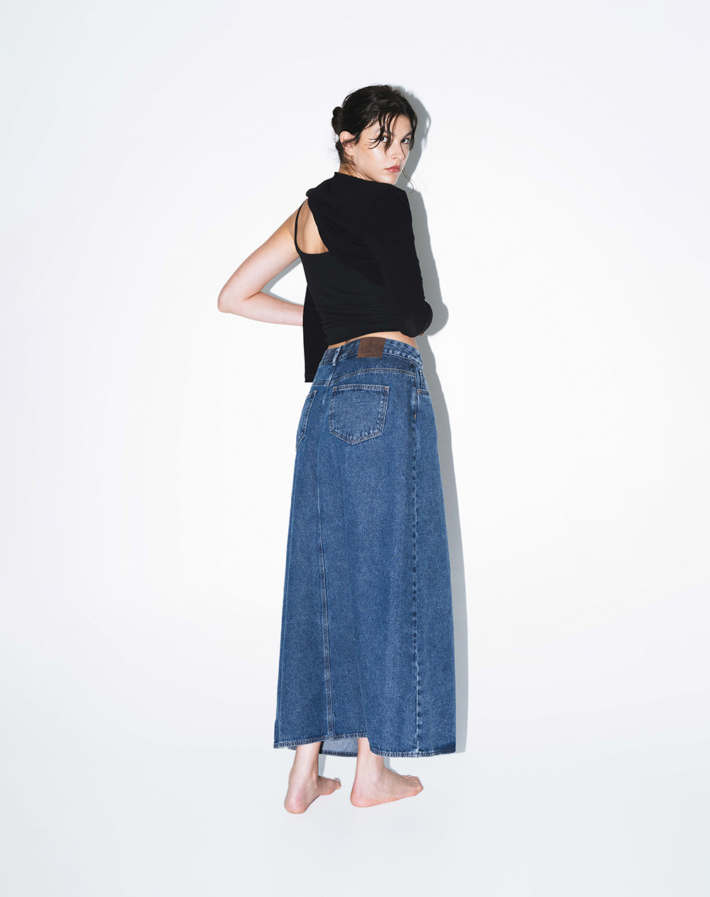 Falda larga tiro medio índigo mujer