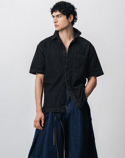 Camisa manga corta denim regular negra hombre