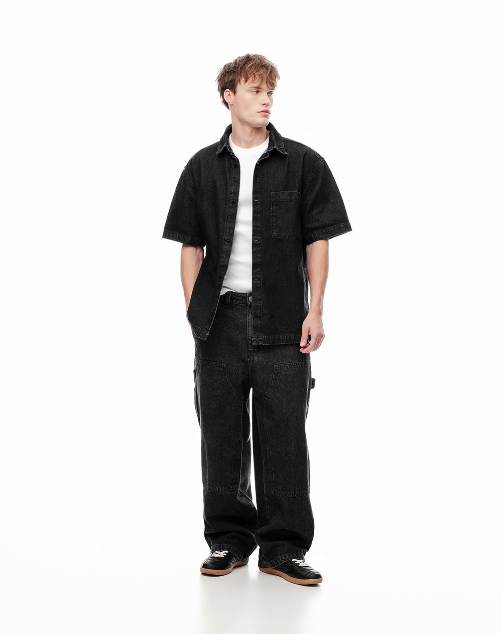 Camisa manga corta denim regular negra hombre