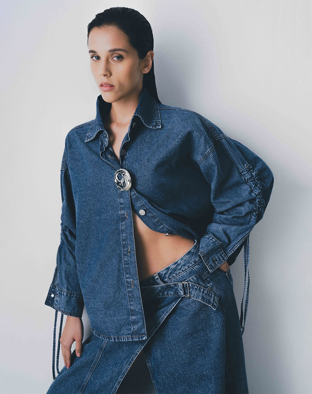 Camisa manga larga oversize índigo medio mujer