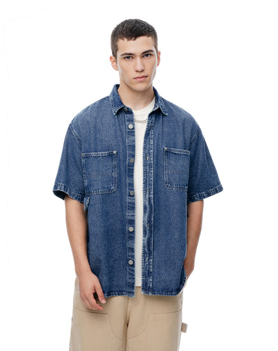 Camisa manga corta regular índigo medio hombre