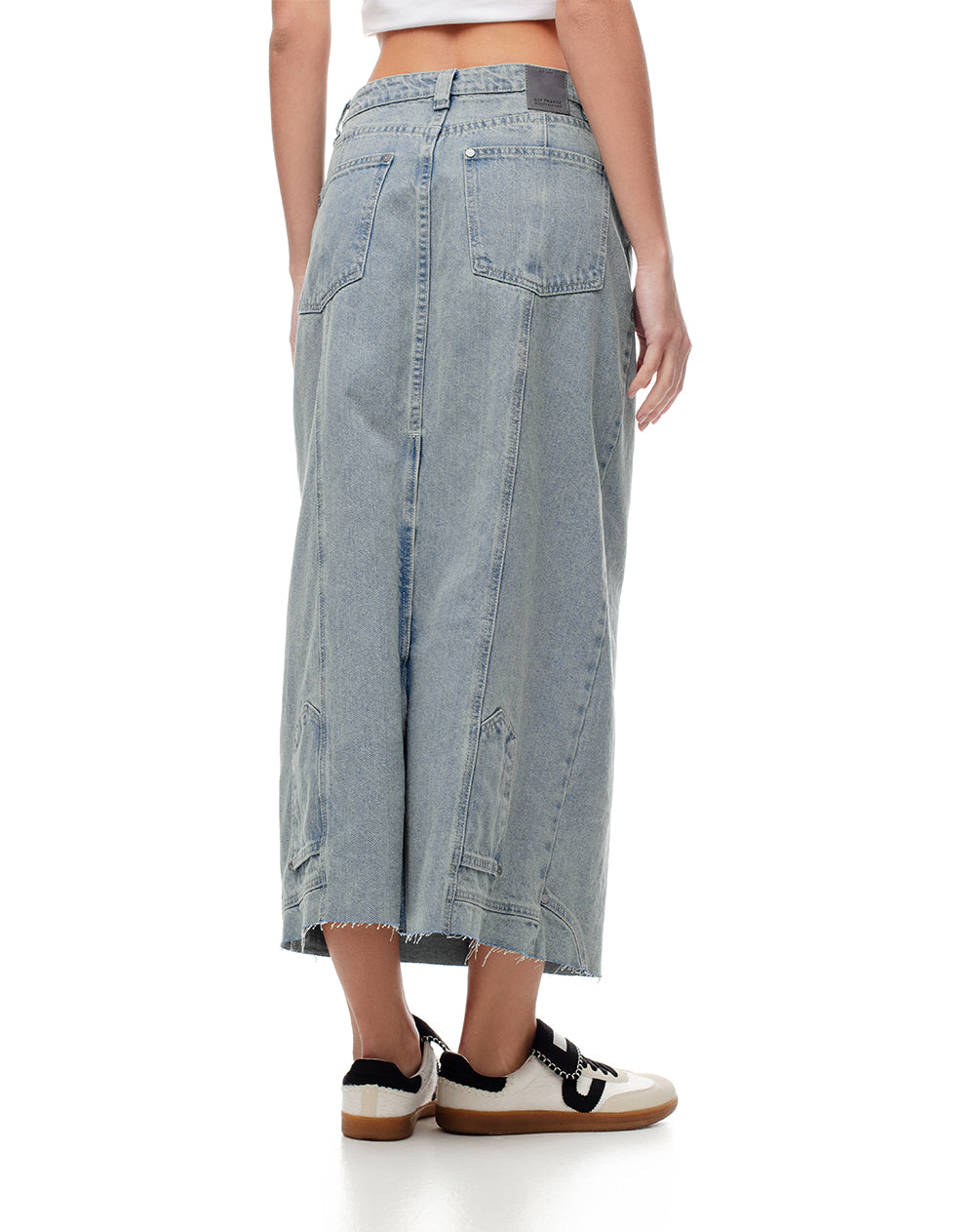 Falda midi tiro alto denim 5 bolsillos indigo medio para mujer