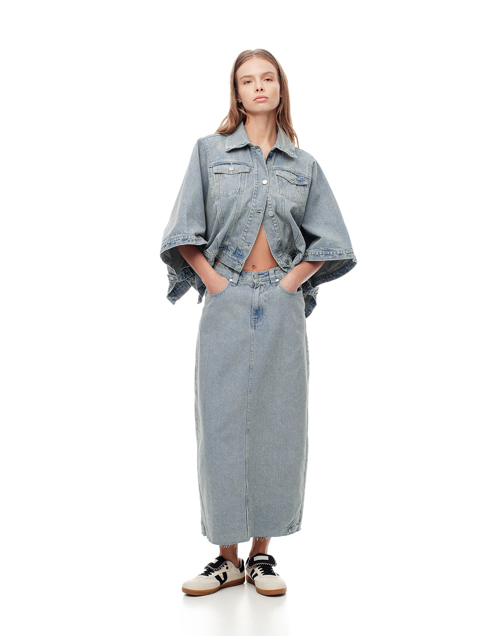Falda midi tiro alto denim 5 bolsillos indigo medio para mujer