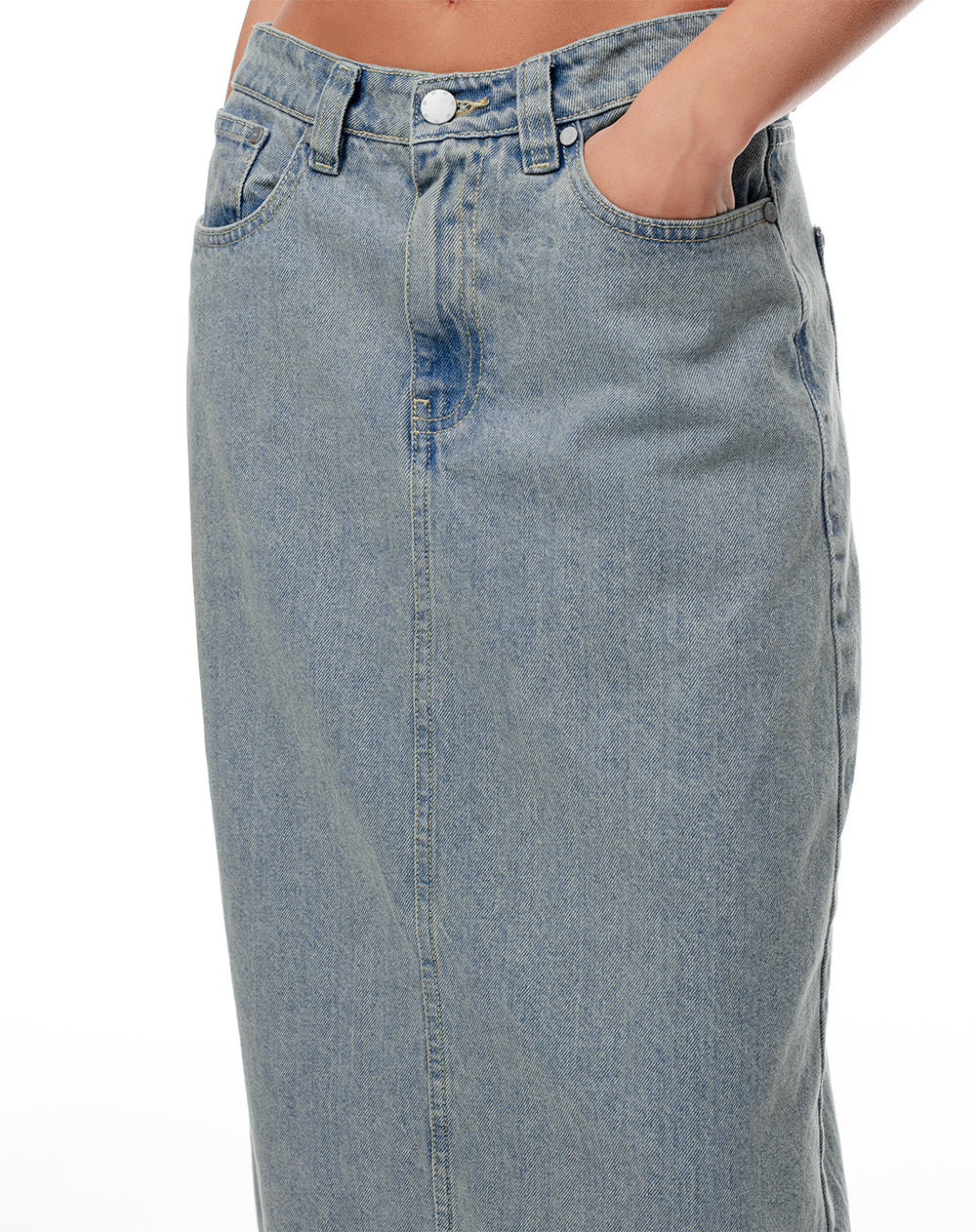 Falda midi tiro alto denim 5 bolsillos indigo medio para mujer