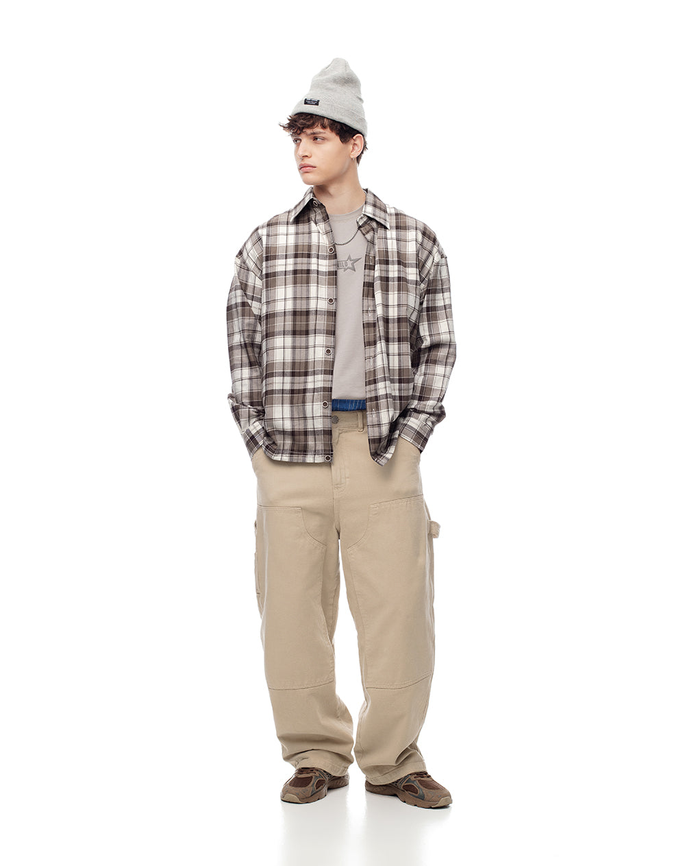 Camisa regular fit manga larga café con cuadros