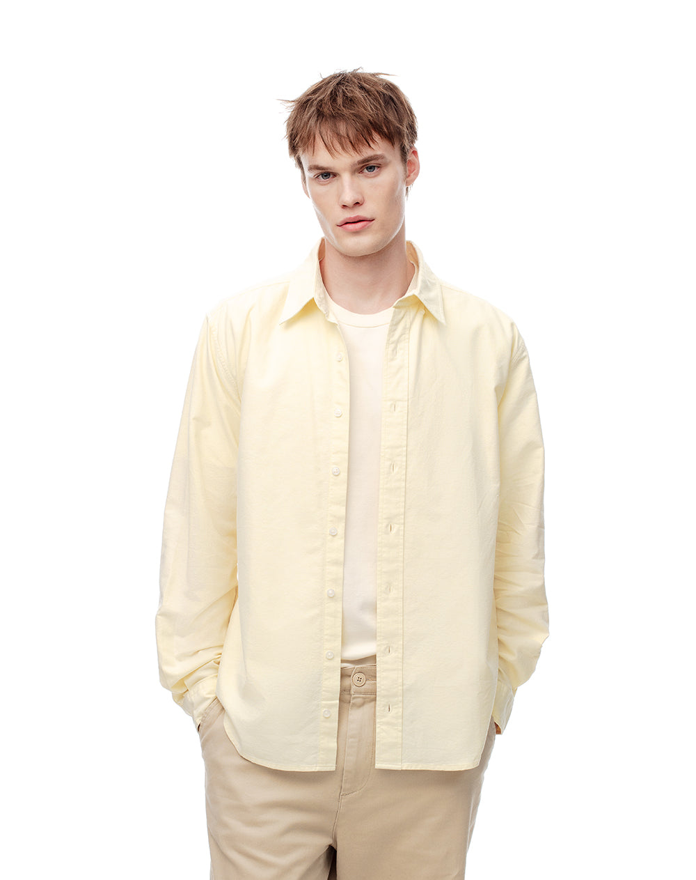 Camisa manga larga regular algodón amarilla hombre