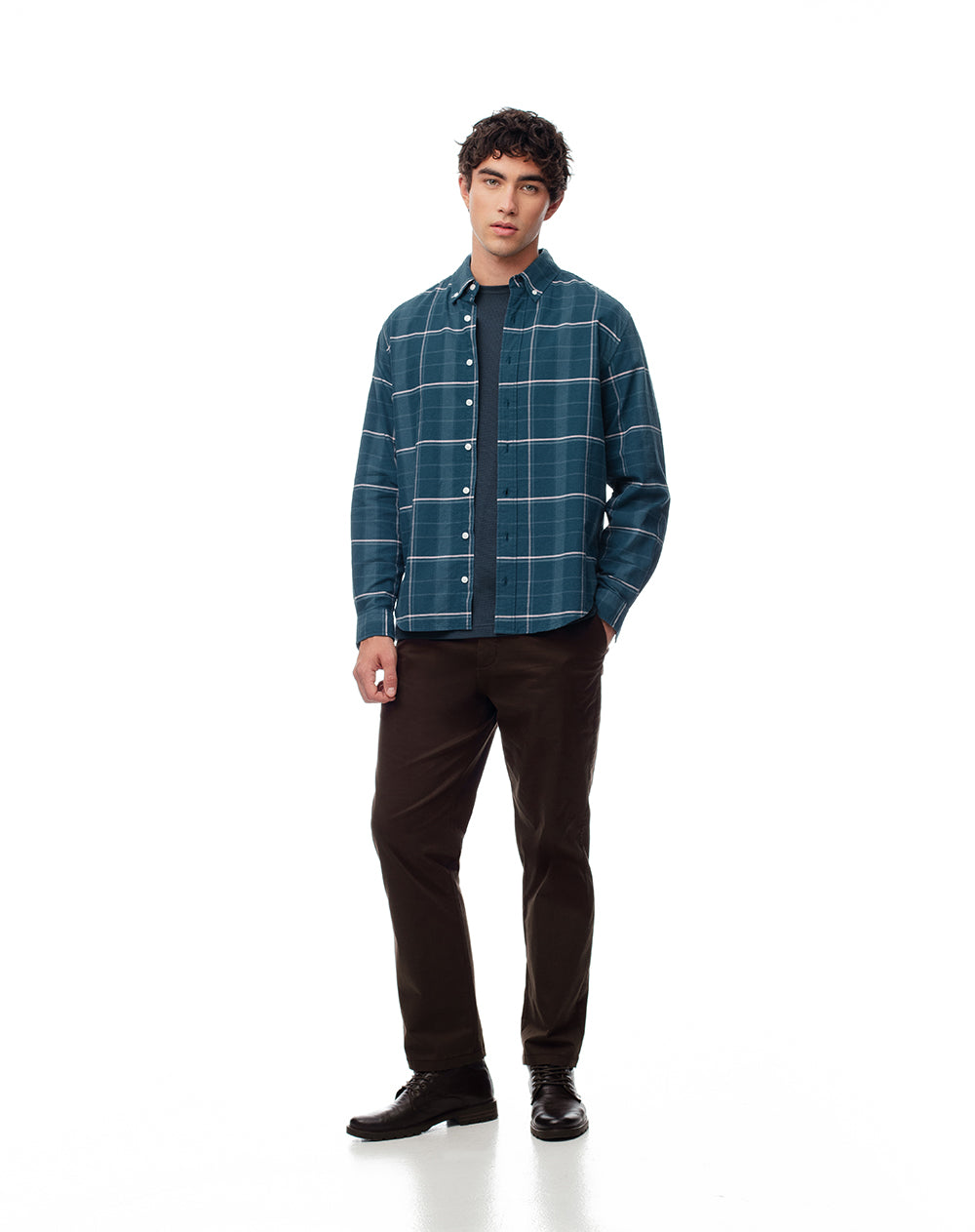 Camisa manga larga regular algodón cuadros hombre