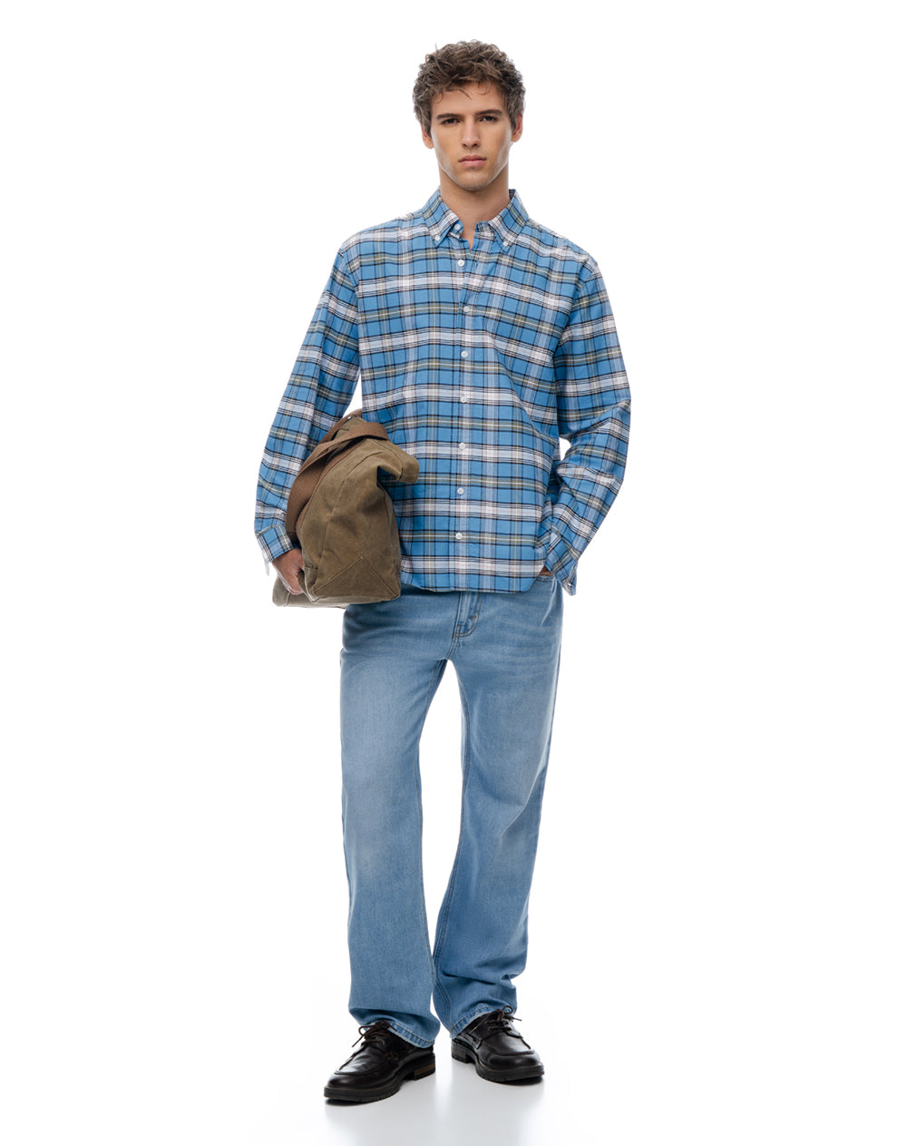 Camisa regular fit manga larga azul con cuadros