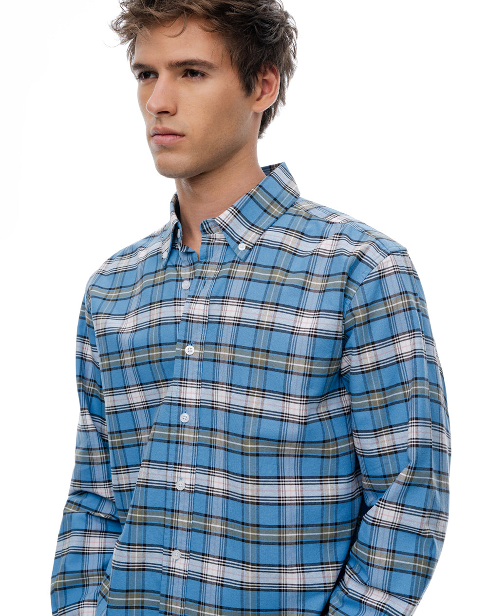 Camisa regular fit manga larga azul con cuadros