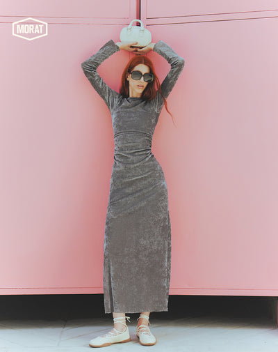 Vestido largo velvet gris mujer