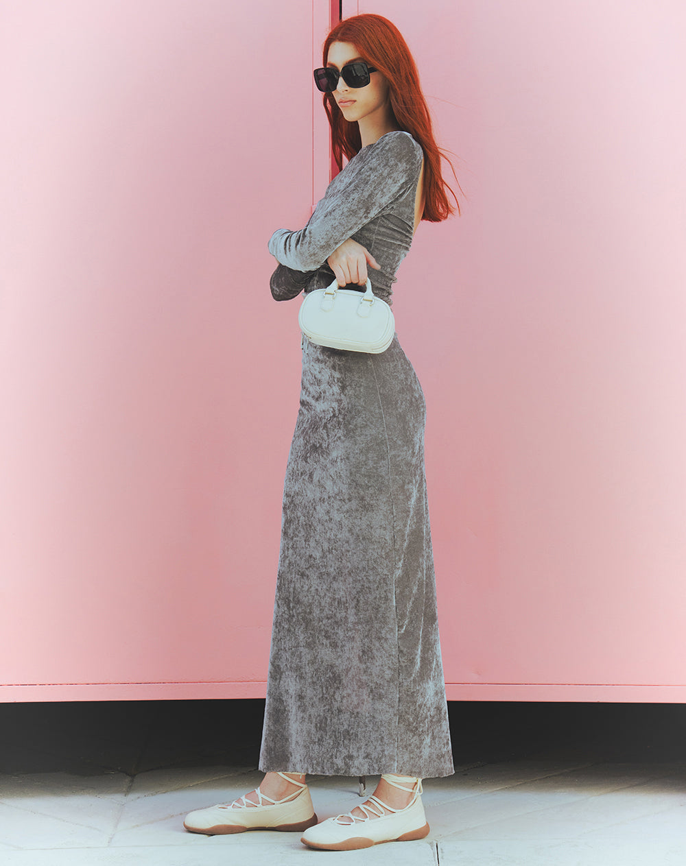Vestido largo velvet gris mujer