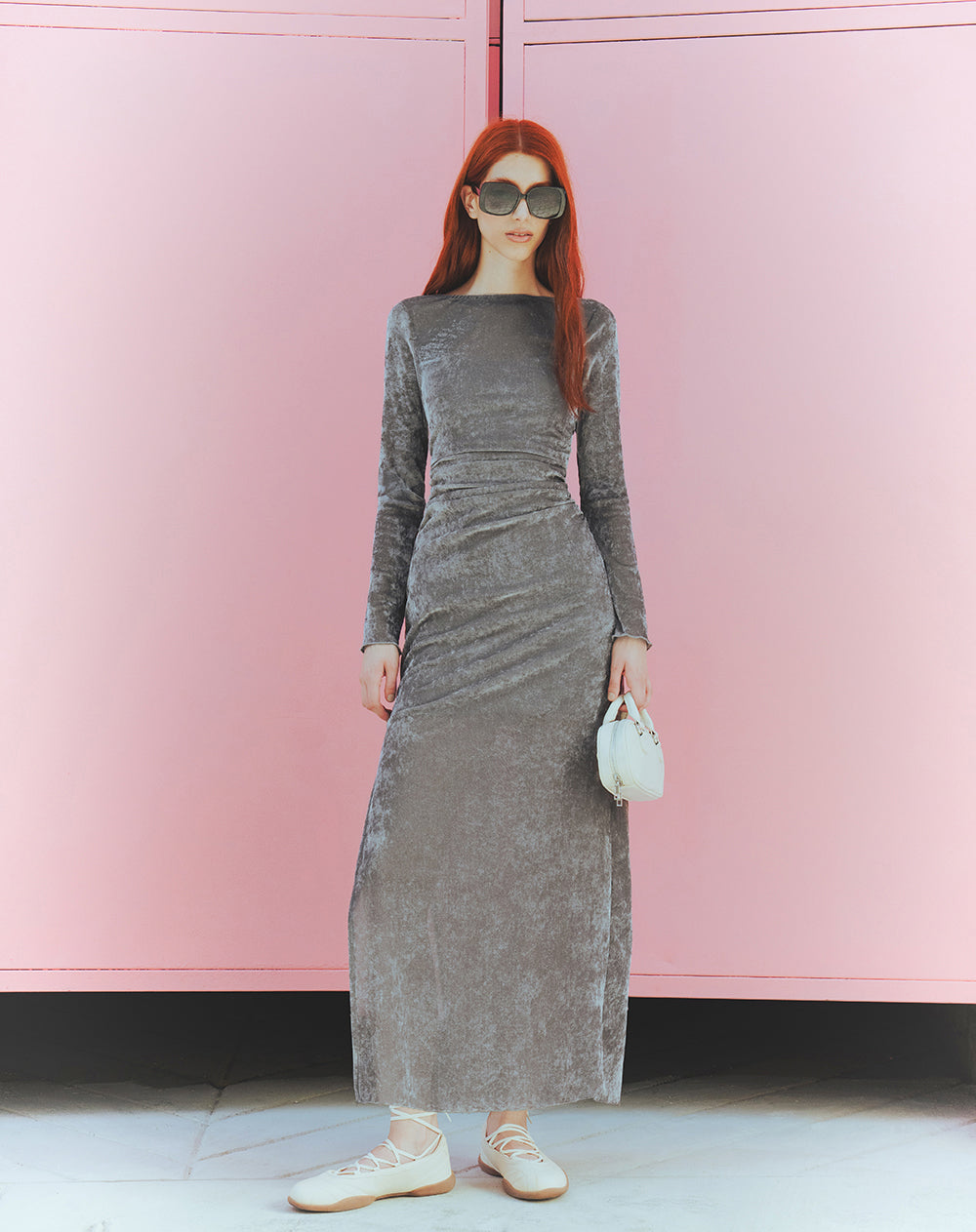 Vestido largo velvet gris mujer