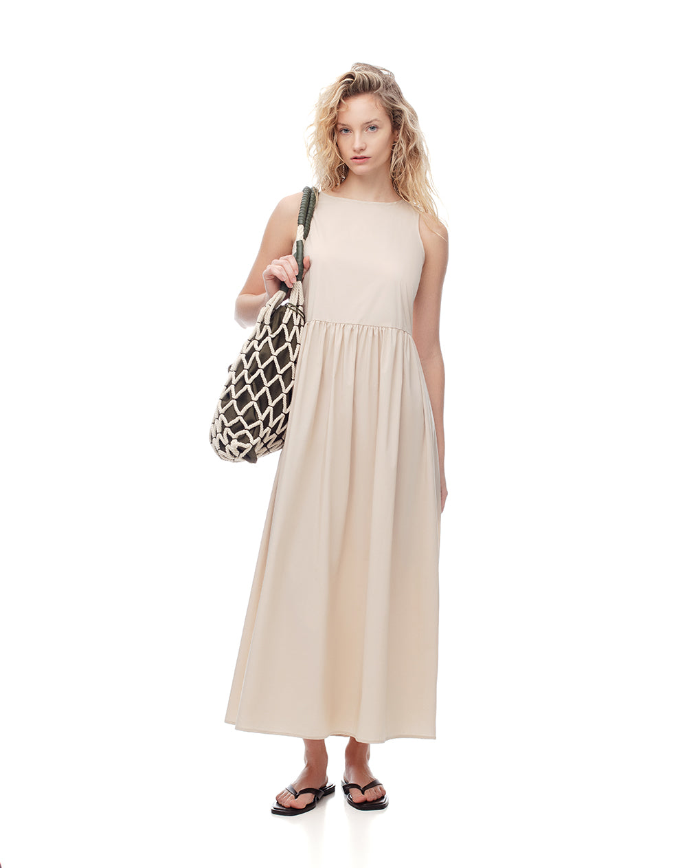 Vestido midi espalda anudada beige mujer