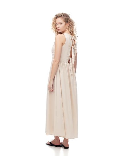 Vestido midi espalda anudada beige mujer
