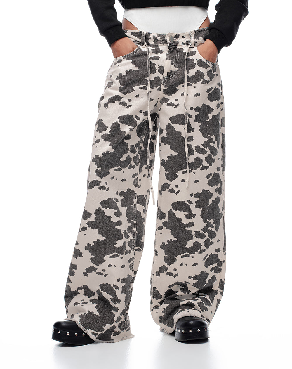 Pantalón wide leg tiro medio drill print mujer