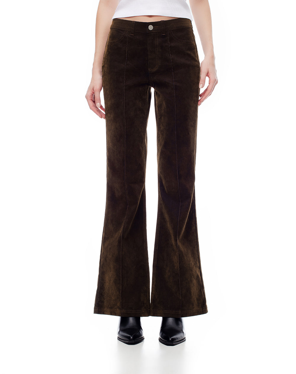 Jean flare tiro alto efecto gamuza café mujer