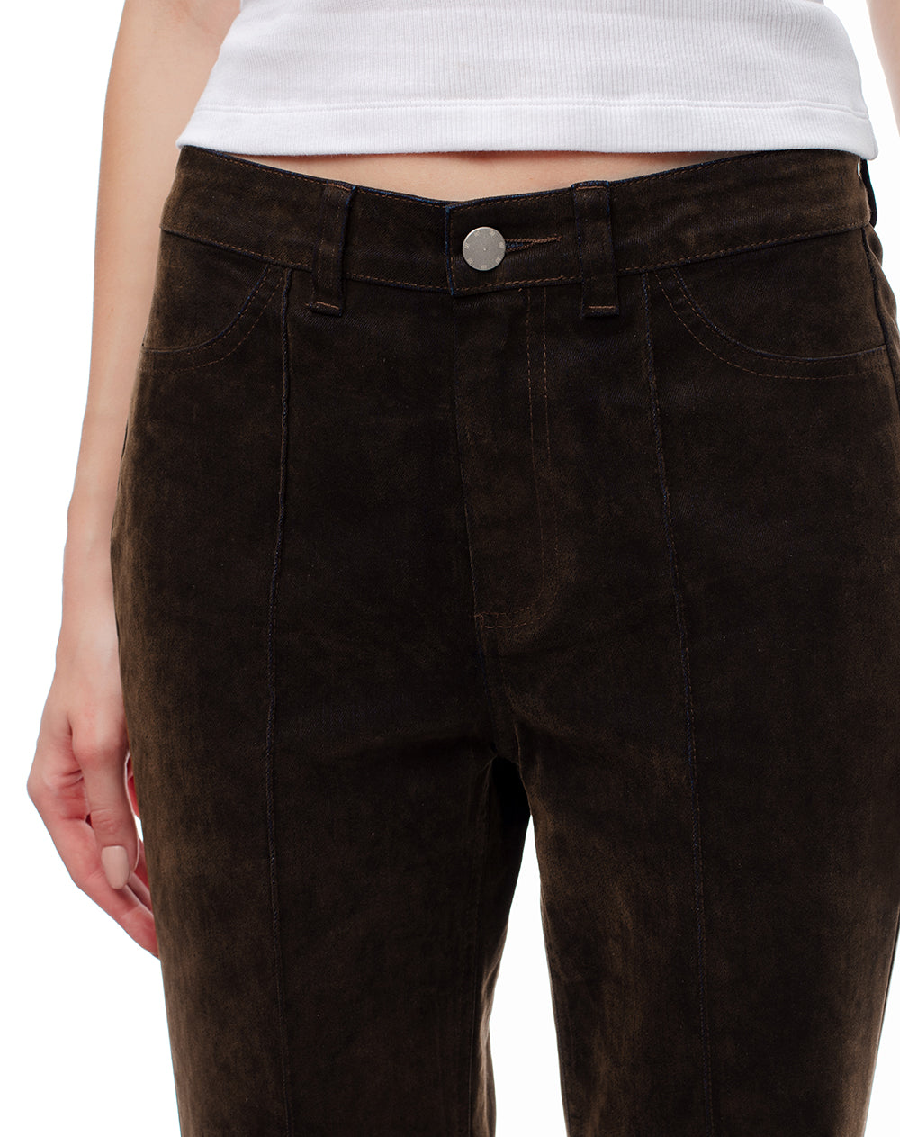 Jean flare tiro alto efecto gamuza café mujer