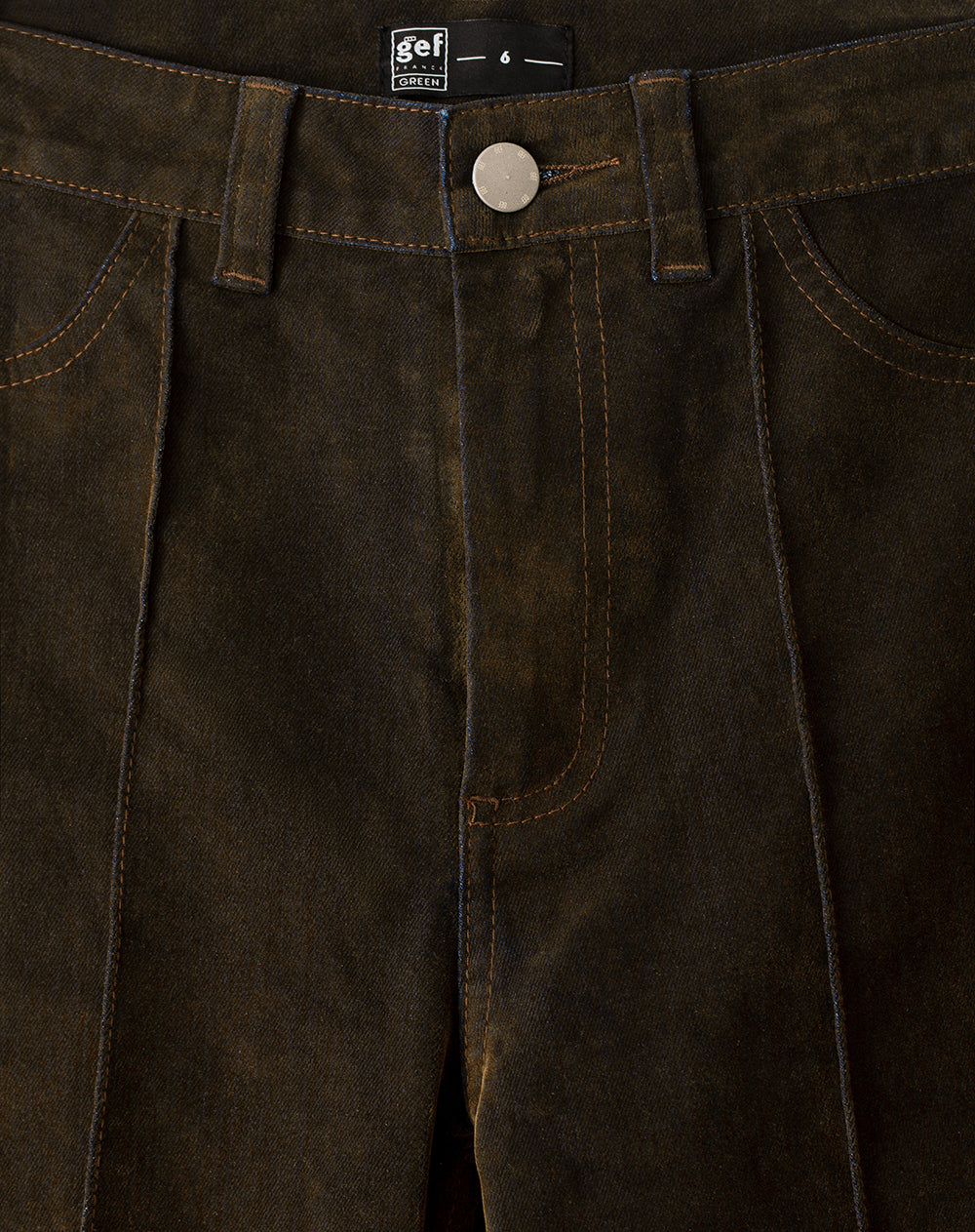 Jean flare tiro alto efecto gamuza café mujer