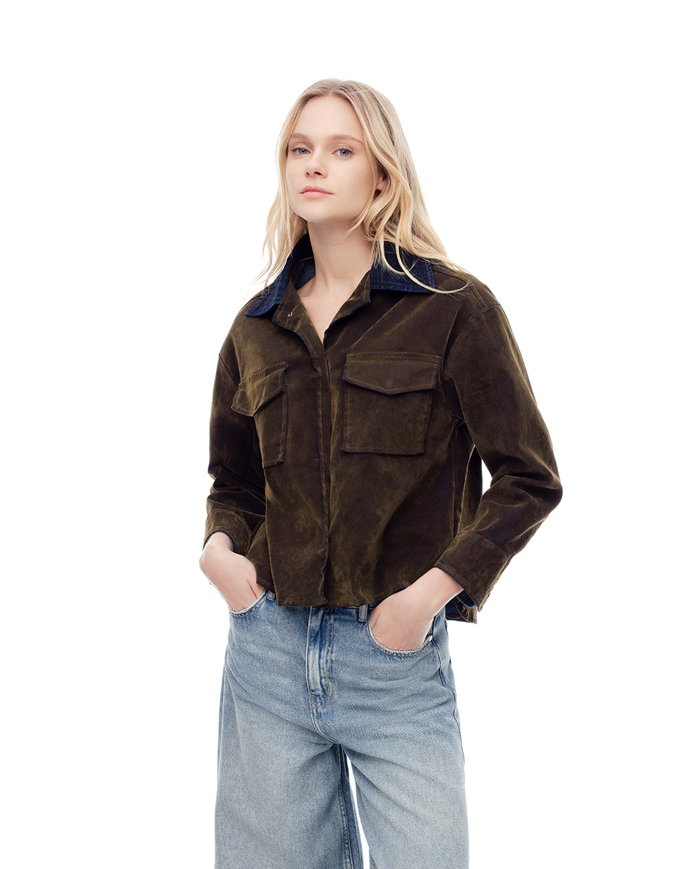 Chaqueta overshit efecto gamuza café mujer