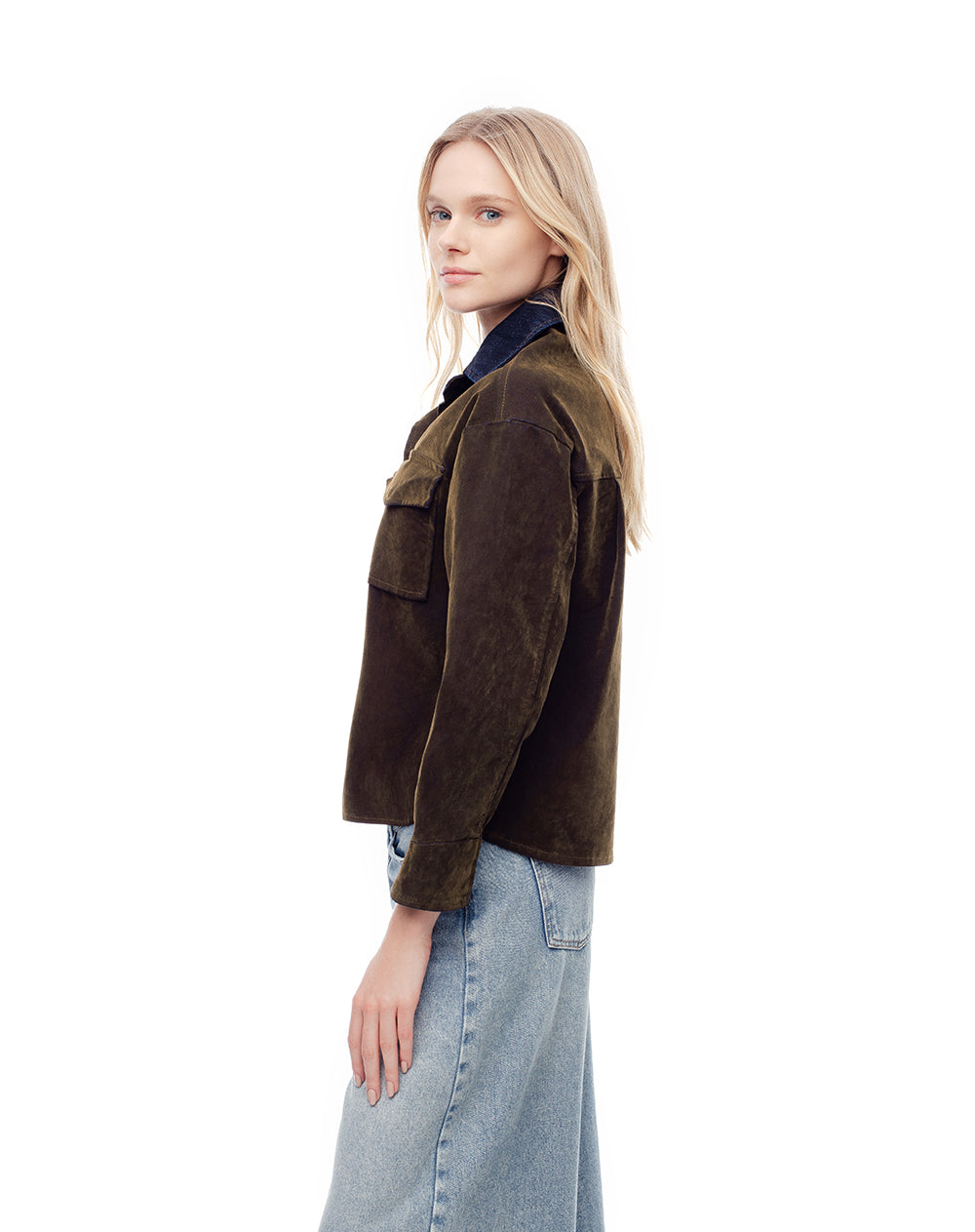 Chaqueta overshirt efecto gamuza café mujer
