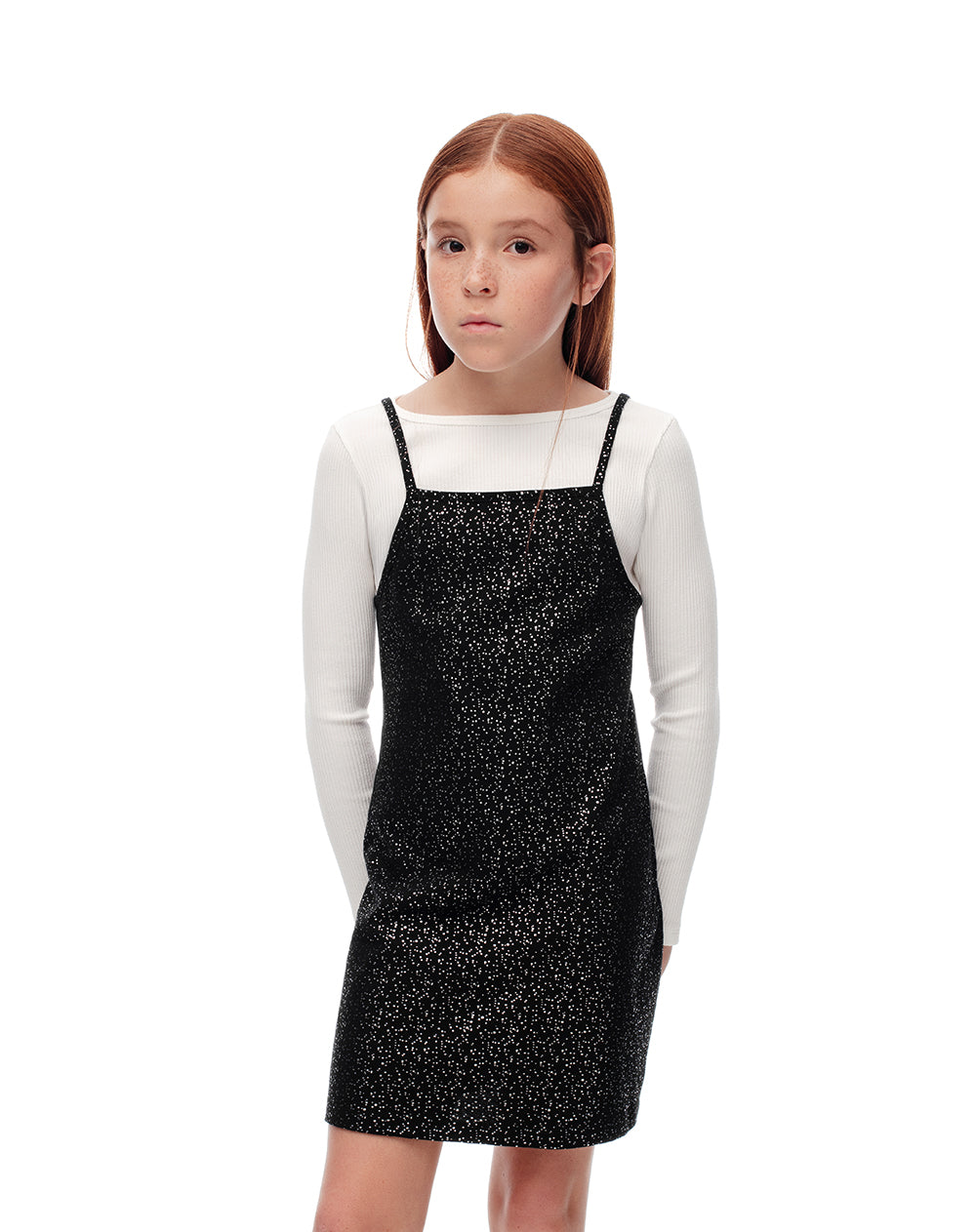 Conjunto vestido + camibuzo negro brillos niña