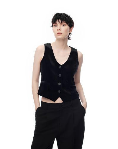 Chaleco tipo sastre regular terciopelo negro mujer