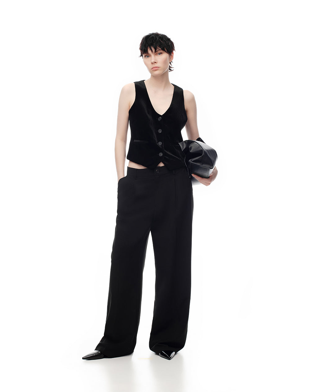 Chaleco tipo sastre regular terciopelo negro mujer