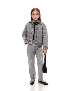 Jean mom fit tiro medio brillos gris niña