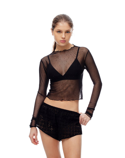 Camibuzo slim tejido tull brillos negro mujer