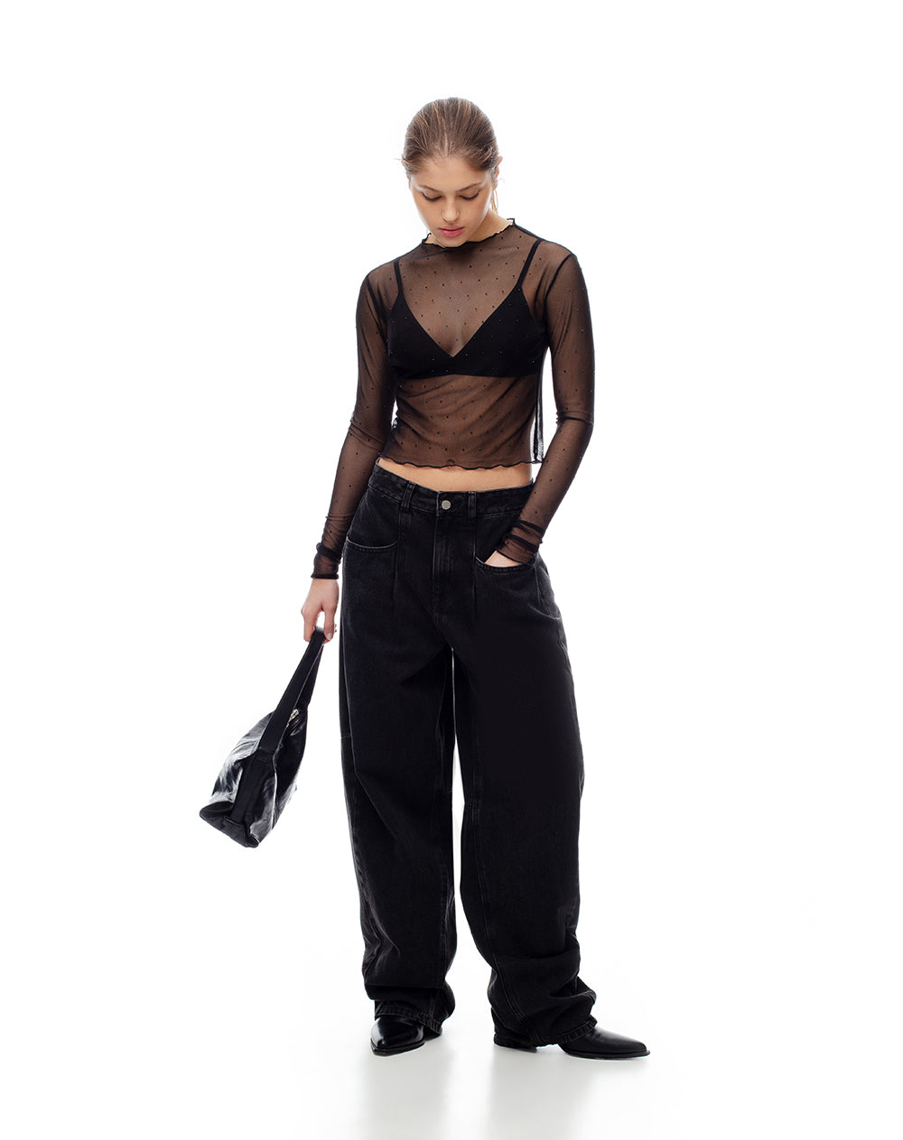 Camibuzo slim tejido tull brillos negro mujer