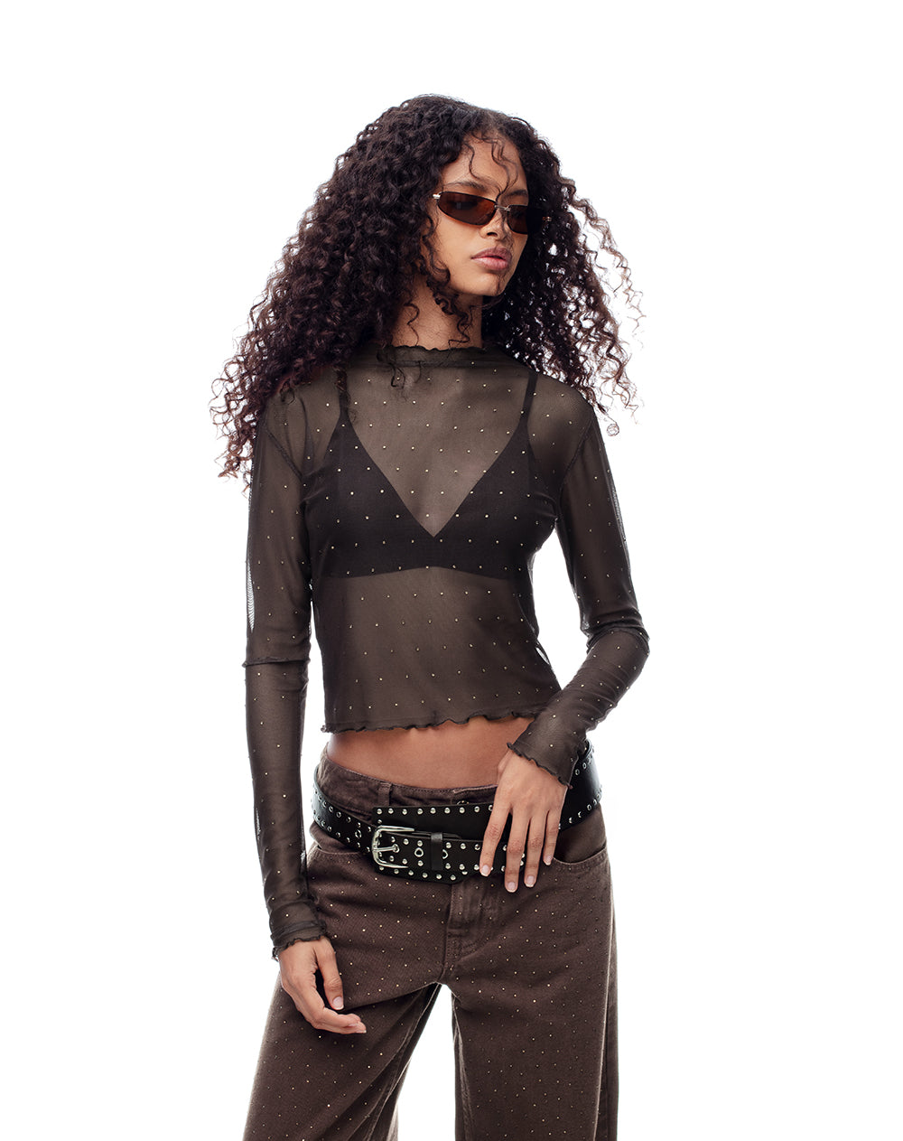 Camibuzo slim tejido tull brillos chocolate mujer