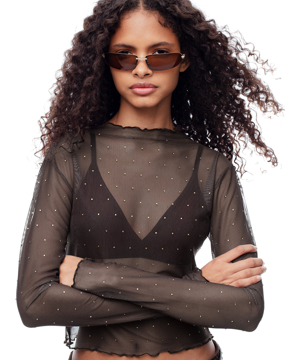 Camibuzo slim tejido tull brillos chocolate mujer