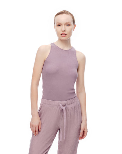 Camiseta esqueleto slim rib algodón lila mujer