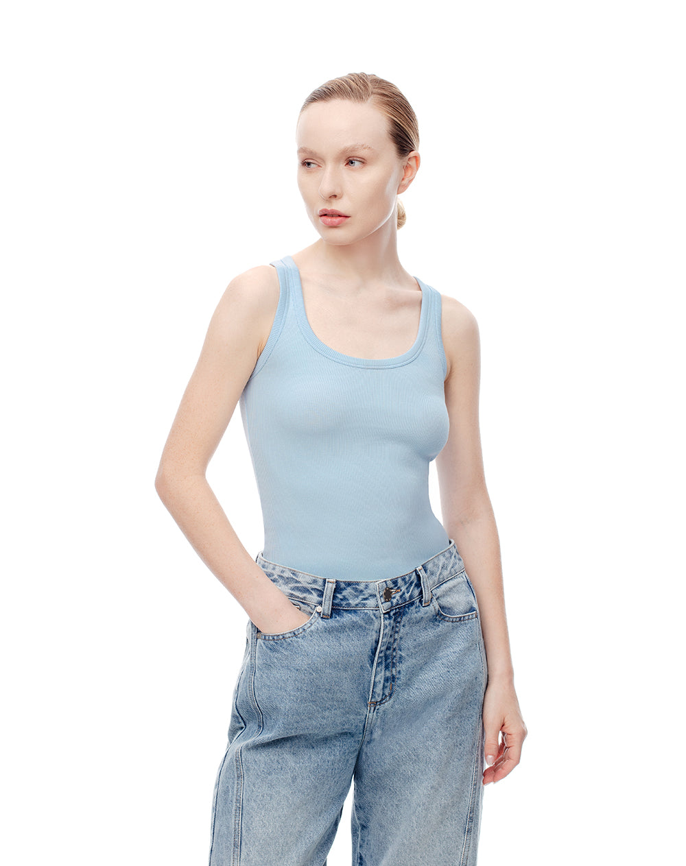 Camiseta slim sin mangas seamless azul mujer