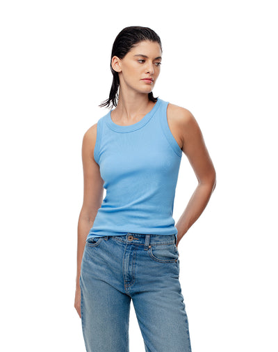 Camiseta esqueleto slim rib algodón azul mujer