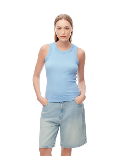 Camiseta esqueleto slim rib algodón azul mujer