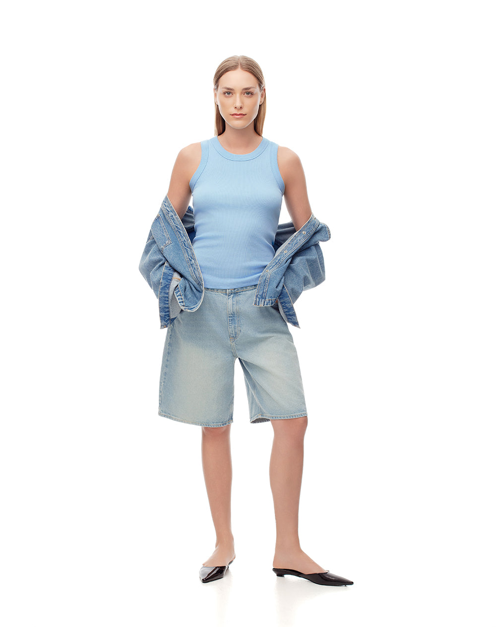 Camiseta esqueleto slim rib algodón azul mujer